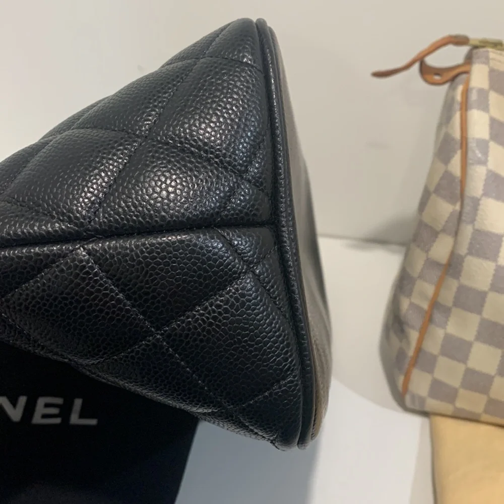 CHANEL Caviar Leather Black Quilted Silver Medallion Tote Bag Classic Luxury Y2K